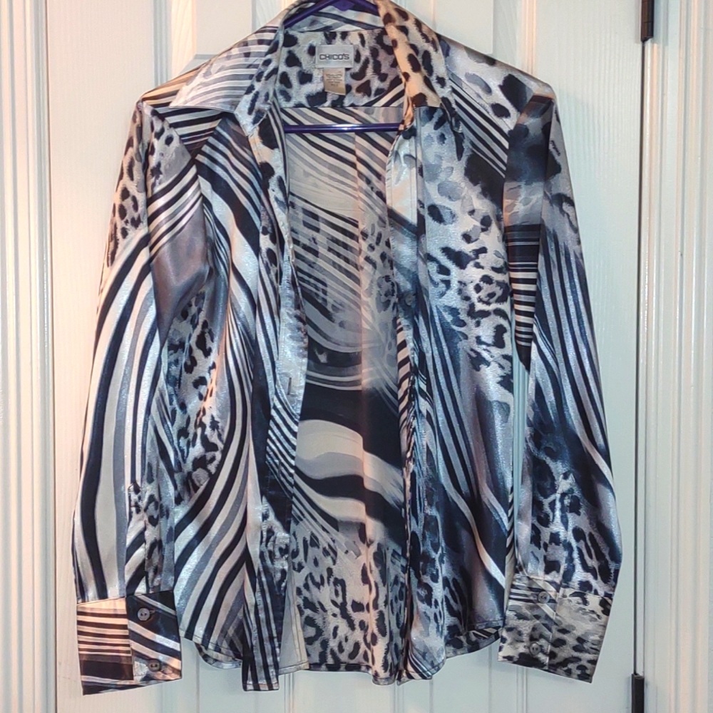 Vintage Chico's silver & black animal & striped print top size 0/Women's Small!